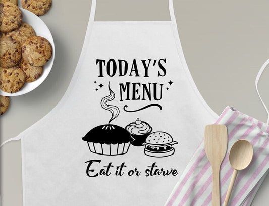 Apron Today's Menu Eat it or Starve Kitchen Gift Creative Fun Apparel