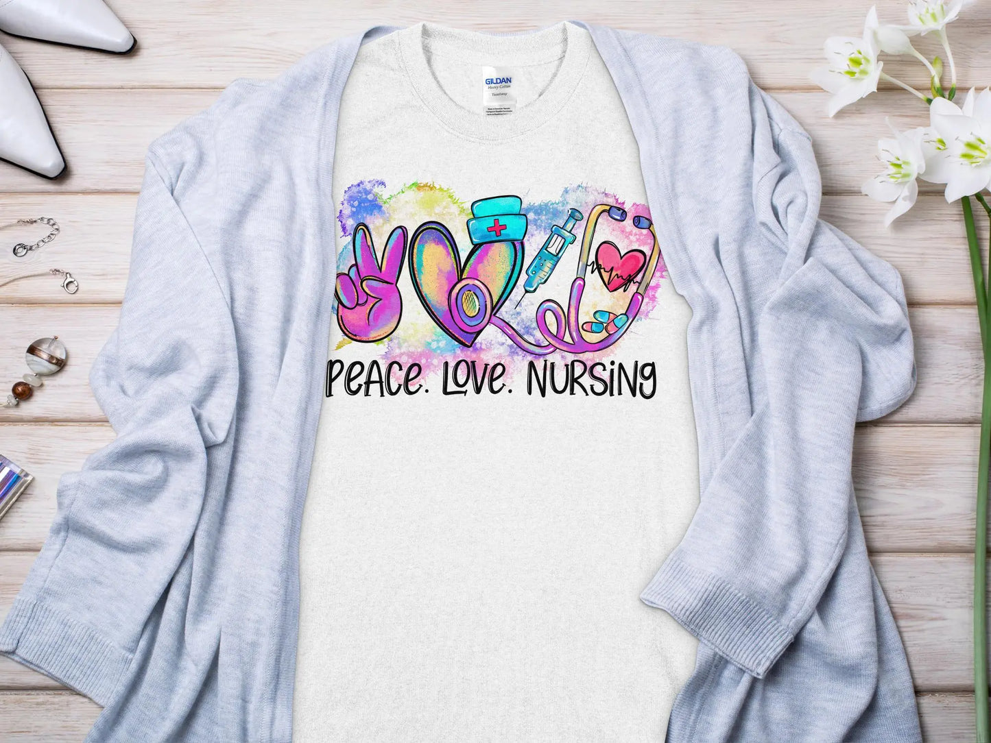 Peace Love Nurse, Future Nurse Gift Idea, Nursing School Student Grad, RN LPN, Nurse Life, Funny Nurse Quality Gildan Tee Support a Nurse - Creations Unlimited