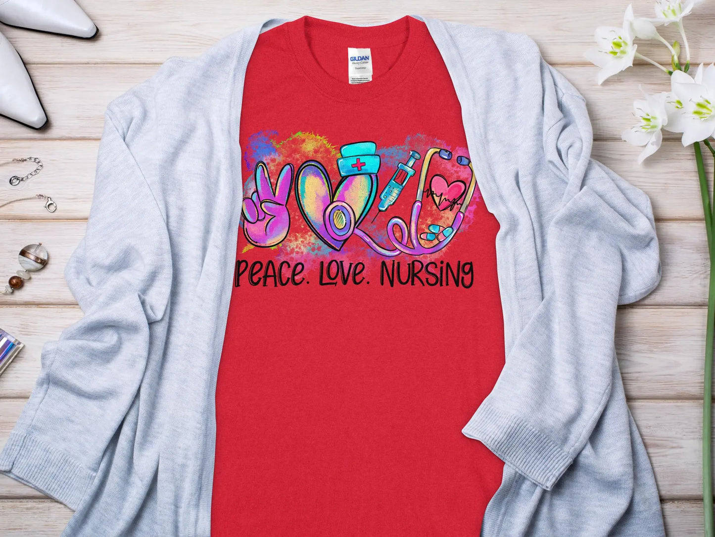 Peace Love Nurse, Future Nurse Gift Idea, Nursing School Student Grad, RN LPN, Nurse Life, Funny Nurse Quality Gildan Tee Support a Nurse - Creations Unlimited