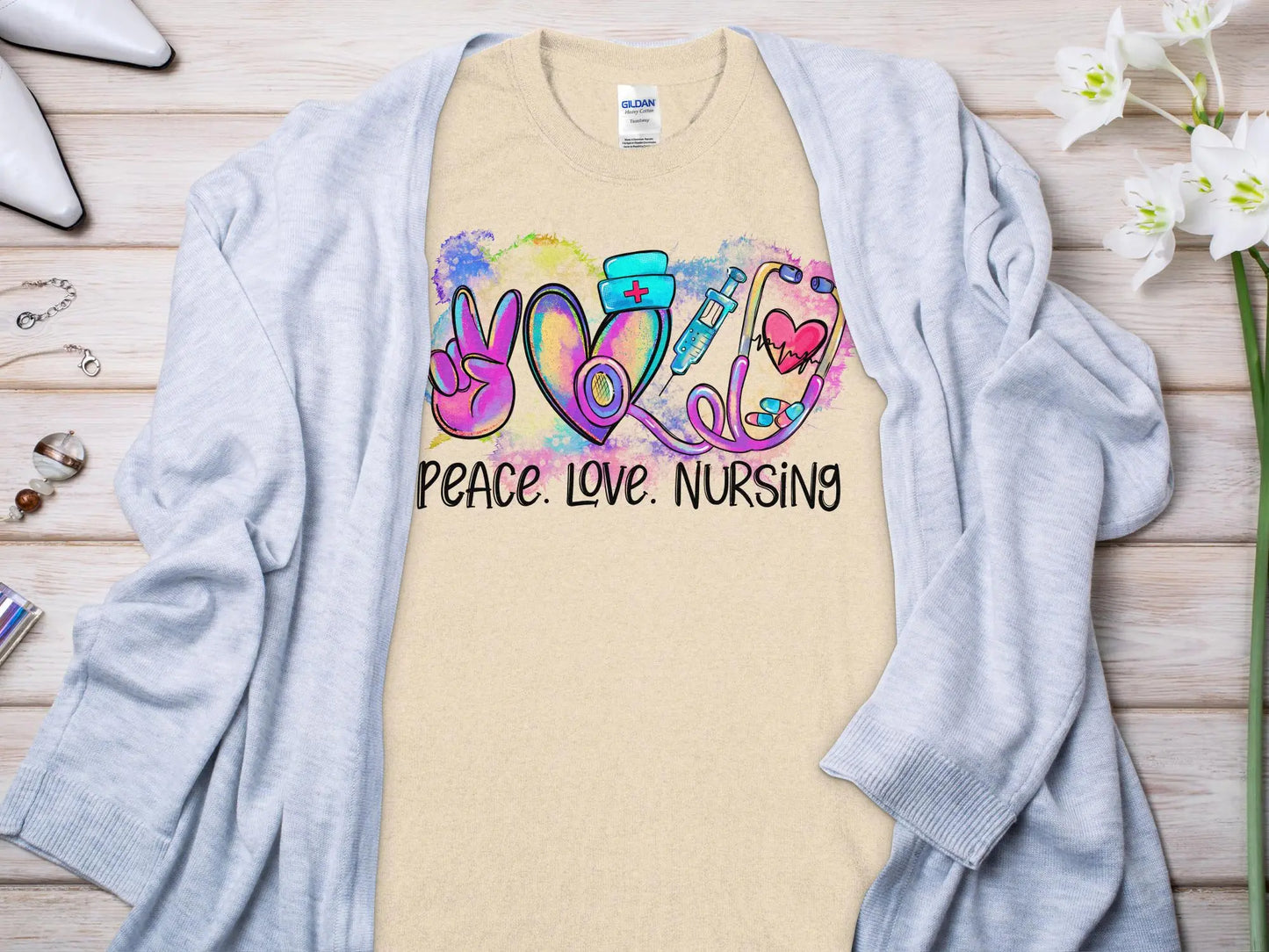 Peace Love Nurse, Future Nurse Gift Idea, Nursing School Student Grad, RN LPN, Nurse Life, Funny Nurse Quality Gildan Tee Support a Nurse - Creations Unlimited